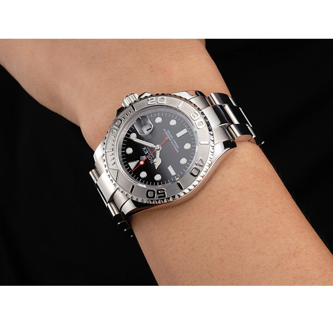 AAA replica watch Case Bracelet Dial Stainless Rolex Black Yacht-Master Swiss Steel And 0628